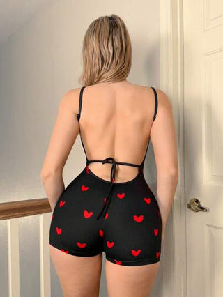 Sweetina جمبسوت قصيرة مكشوفة الظهر بطباعة قلوب حمراء وسوداء جذابة ليوم الحب، طراز بسيط أنيق مناسب للارتداء اليومي