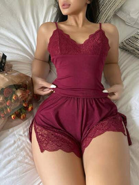 SHEIN مجموعة بيجامات نسائية من الدانتيل الجذاب والأنيق، ملابس خريف وشتاء مريحة