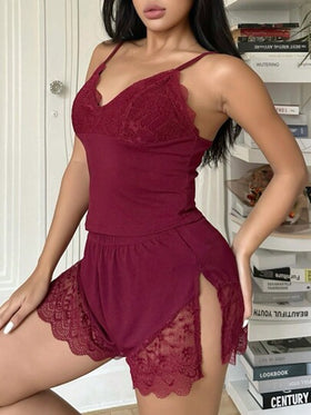 SHEIN مجموعة بيجامات نسائية من الدانتيل الجذاب والأنيق، ملابس خريف وشتاء مريحة