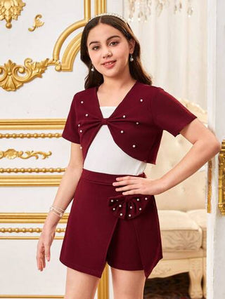 girls-sets طقم ملابس مكون من 3 قطع للفتاة المراهقة: ملابس علوية كم قصير مزينة بفيونكة وخرز لؤلؤي صناعي ، فستان قصير قابل للاستخدام المتعدد، وتنورة مزينة بفيونكة
