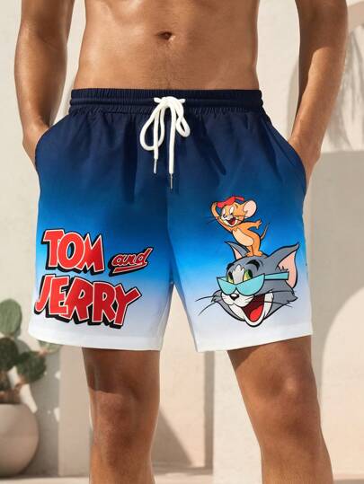 TOM & JERRY X SHEIN شورت شاطئ بخصر رباط مع رسم كرتوني أزرق التدرج اللوني، للاصطياف الصيفي، أسلوب هاواي