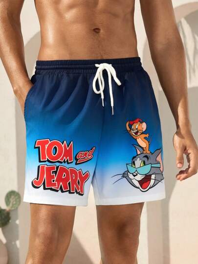 TOM & JERRY X SHEIN شورت شاطئ بخصر رباط مع رسم كرتوني أزرق التدرج اللوني، للاصطياف الصيفي، أسلوب هاواي