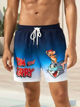 TOM & JERRY X SHEIN شورت شاطئ بخصر رباط مع رسم كرتوني أزرق التدرج اللوني، للاصطياف الصيفي، أسلوب هاواي