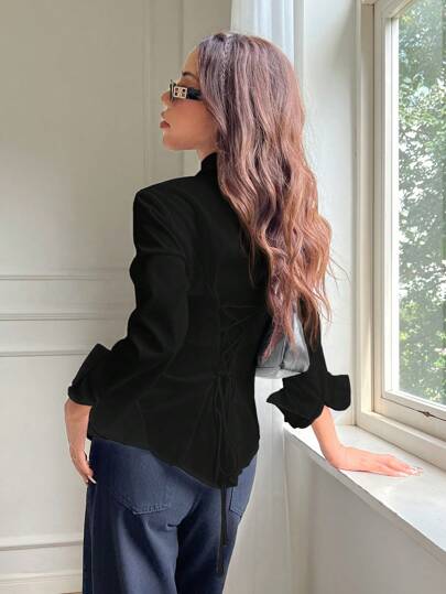 EZwear قميص نسائي أحادي الصدر أكمام طويلة بسحاب