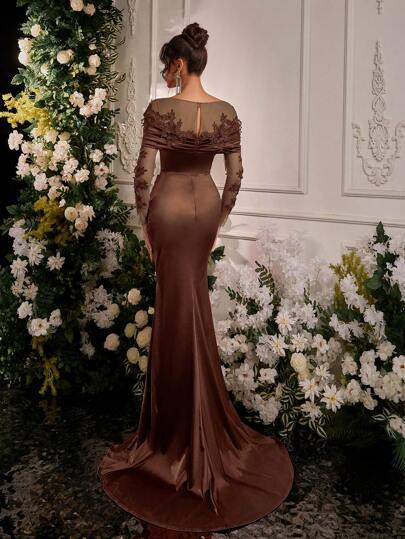 Glamrae ثوب ماكسي سواريه فاخر مطرز بالدانتيل الشفاف طويل الأكمام، من قماش الساتان المطاطي، بتصميم ذيل سمكة الحوت، مناسب لحضور حفلات الزفاف والمناسبات والإجازات والحفلات الرسمية المسائية، فستان حفلة