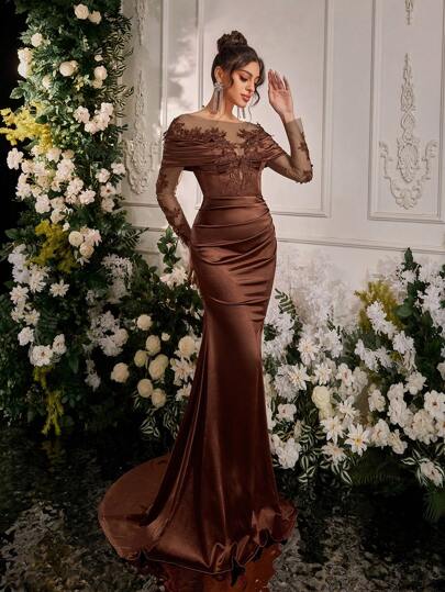 Glamrae ثوب ماكسي سواريه فاخر مطرز بالدانتيل الشفاف طويل الأكمام، من قماش الساتان المطاطي، بتصميم ذيل سمكة الحوت، مناسب لحضور حفلات الزفاف والمناسبات والإجازات والحفلات الرسمية المسائية، فستان حفلة