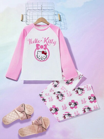 بيجاما HELLO KITTY AND FRIENDS |  ملابس علوية كتان عنق طاقم مطبوعة بالقوس والرسوم الكرتونية وبنطلون مجموعة بيجاما كاجوال للفتاة الناشئة، موسم الخريف/الشتاء