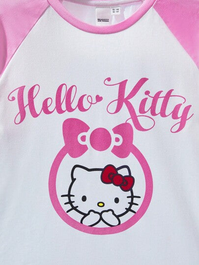 بيجاما HELLO KITTY AND FRIENDS |  ملابس علوية كتان عنق طاقم مطبوعة بالقوس والرسوم الكرتونية وبنطلون مجموعة بيجاما كاجوال للفتاة الناشئة، موسم الخريف/الشتاء