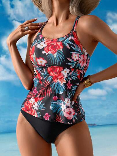 طقم تانكيني حريمي Swim Lushoire بيكيني محزم حزام رفيع مزين بطبعات زهرية للنساء، لبس كاجوال لقضاء العطلات على الشاطئ في الصيف