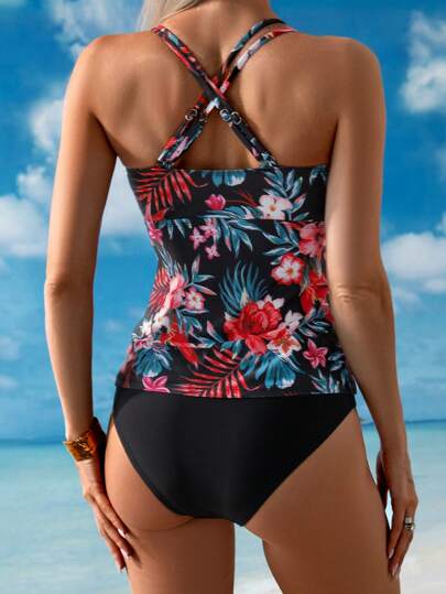 طقم تانكيني حريمي Swim Lushoire بيكيني محزم حزام رفيع مزين بطبعات زهرية للنساء، لبس كاجوال لقضاء العطلات على الشاطئ في الصيف