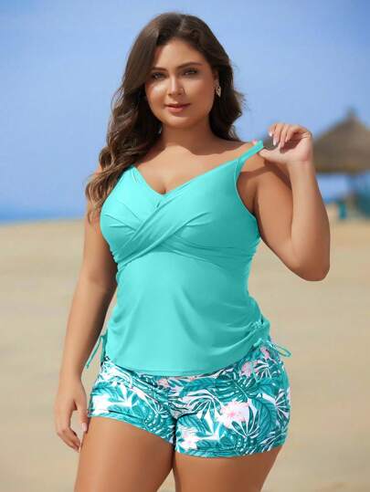 Swim Lushoire طقم بنطلون شورت ذو خصر عالي مطبوع بزهور وأعلى قطعة مع أربطة قابلة للتعديل، تصميم متواضع وممشق مناسب لحمامات السباحة والعطلات الصيفية، مقاس كبير للسيدات