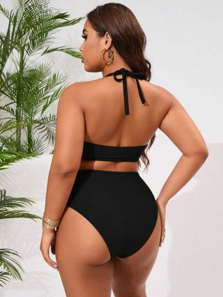 Swim Basics مجموعة بكيني قطعتين للنساء كبيرات الحجم بلون أحادي ذو رقبة مجمع، إطلالة صيفية عصرية على الشاطئ