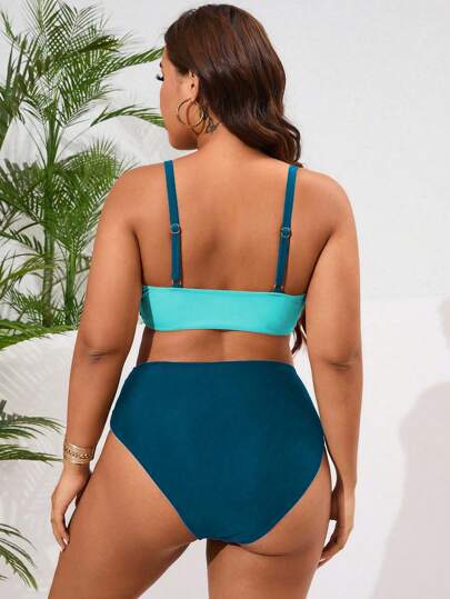 Swim Lushoire مجموعة بيكيني 2 قطعة للنساء بلس سايز، نمط رقعي متعدد الألوان، قميص كامي خصر عالي مناسب للأجازات والشاطئ الصيفي