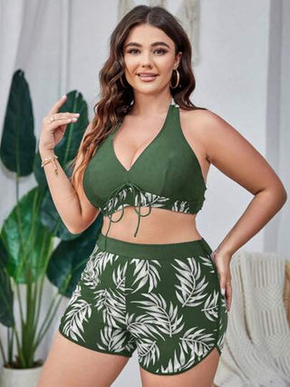 Swim Lushoire مجموعة ملابس سباحة بيكيني كاجوال للمرأة البدينة مطبوعة عشوائي باللطام، صيفية لأوقات المصيف والعطلات