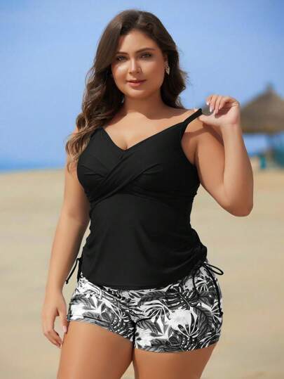 Swim Lushoire بدلة سباحة مكونة من قطعتين من النوع الواسع للمرأة ذات طباعة زهرية ، بأسلوب محافظ رباعي الساق ، موديل مرهل ، للاستخدام في الصيف والشواطئ