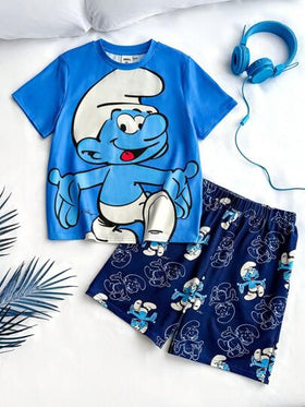 SHEIN X The Smurfs مجموعة تي شيرت وشورت لطفل راق بطباعة رسوم كرتونية رياضية كاجوال باللون الأزرق ، مناسبة لجميع الفصول، قطعتان
