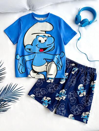 SHEIN X The Smurfs مجموعة تي شيرت وشورت لطفل راق بطباعة رسوم كرتونية رياضية كاجوال باللون الأزرق ، مناسبة لجميع الفصول، قطعتان