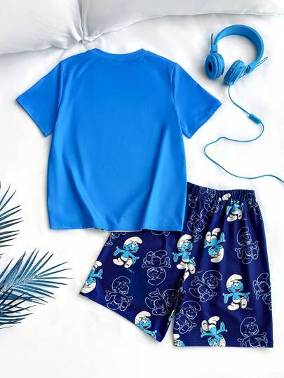 SHEIN X The Smurfs مجموعة تي شيرت وشورت لطفل راق بطباعة رسوم كرتونية رياضية كاجوال باللون الأزرق ، مناسبة لجميع الفصول، قطعتان
