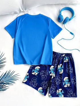 SHEIN X The Smurfs مجموعة تي شيرت وشورت لطفل راق بطباعة رسوم كرتونية رياضية كاجوال باللون الأزرق ، مناسبة لجميع الفصول، قطعتان