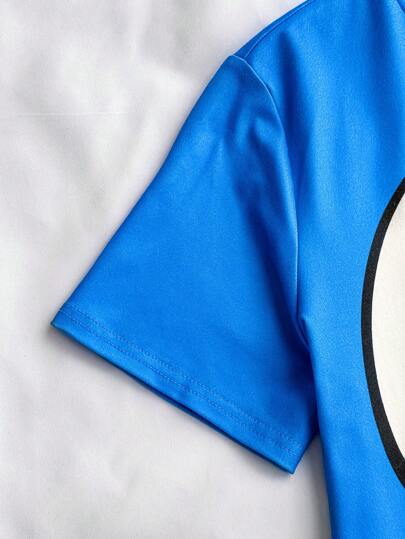 SHEIN X The Smurfs مجموعة تي شيرت وشورت لطفل راق بطباعة رسوم كرتونية رياضية كاجوال باللون الأزرق ، مناسبة لجميع الفصول، قطعتان