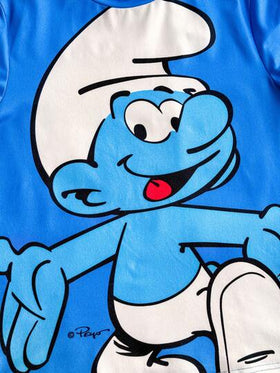 SHEIN X The Smurfs مجموعة تي شيرت وشورت لطفل راق بطباعة رسوم كرتونية رياضية كاجوال باللون الأزرق ، مناسبة لجميع الفصول، قطعتان
