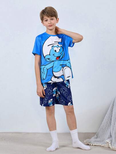 SHEIN X The Smurfs مجموعة تي شيرت وشورت لطفل راق بطباعة رسوم كرتونية رياضية كاجوال باللون الأزرق ، مناسبة لجميع الفصول، قطعتان