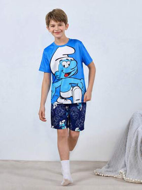 SHEIN X The Smurfs مجموعة تي شيرت وشورت لطفل راق بطباعة رسوم كرتونية رياضية كاجوال باللون الأزرق ، مناسبة لجميع الفصول، قطعتان
