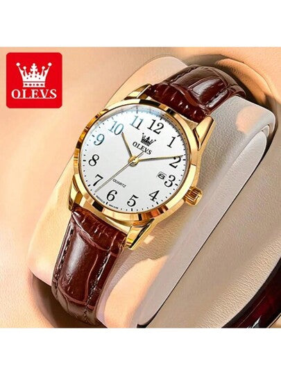 OLEVS. ساعة كوارتز للنساء من علامة OLEVS الفاخرة، سوار جلدي أنيق ، ساعة للنساء مقاومة للماء، هدايا عيد الحب للأحبة