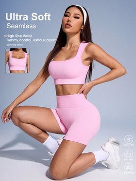 Sovereign Charm طقم ملابس علوية وشورت يوجا ذات لون أحادي مُحبك للنساء، مجموعة ملابس رياضية للنساء