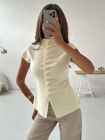 كارديجان محبوك بأكمام قصيرة مطوية وياقة مستديرة، أزرار، للنساء، طراز جديد للربيع والصيف، قميص رفيع مناسب للارتداء اليومي والتخرج، قميص محبوك رفيع للصيف