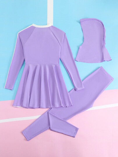 SHEIN ملابس سباحة كاجوال لفتيات المراهقات، تانكيني مع طبعات حرفية بألوان متباينة وأكمام طويلة، مناسبة للعطلات