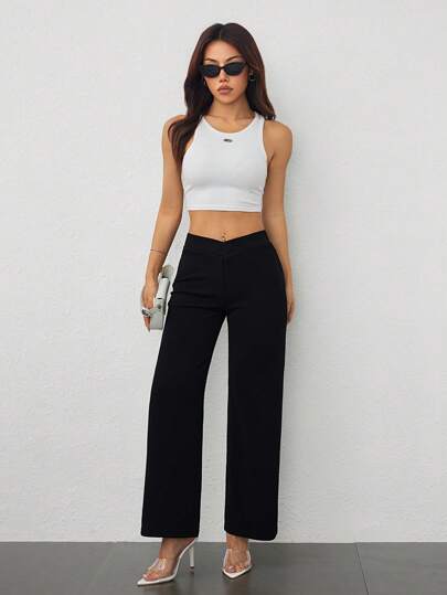SHEIN PETITE بنطال مستقيم عصري أنيق مع تقاطع عند الخصر للسيدات