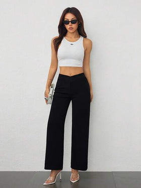 SHEIN PETITE بنطال مستقيم عصري أنيق مع تقاطع عند الخصر للسيدات
