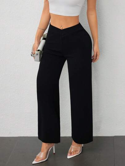 SHEIN PETITE بنطال مستقيم عصري أنيق مع تقاطع عند الخصر للسيدات