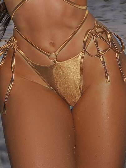 Swim SXY بيكيني بدون ظهر مربوط بفيونكة، بتصميم قوقع البحر المعدني ذو اللون الأحادي، لازياء الشاطئ