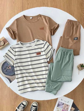 SHEIN مجموعة 4 قطع لصبي ما قبل المراهقة، تي شيرت بياقة طاقم مطبوع بخطوط وبنطلون متناسق، مناسب للذهاب إلى العمل والمدرسة والمناسبات العادية والرياضة في الربيع والصيف