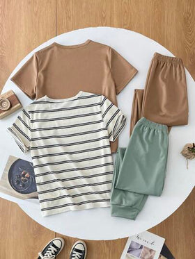 SHEIN مجموعة 4 قطع لصبي ما قبل المراهقة، تي شيرت بياقة طاقم مطبوع بخطوط وبنطلون متناسق، مناسب للذهاب إلى العمل والمدرسة والمناسبات العادية والرياضة في الربيع والصيف