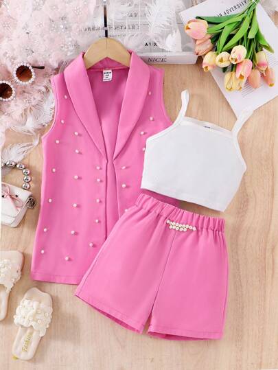 SHEIN Elladie kids مجموعة رسمية للفتيات الصغيرات: بدلة وردية، توب مزين باللؤلؤ، شورت - إطلالة أنيقة للعطلات والمناسبات الكاجوال
