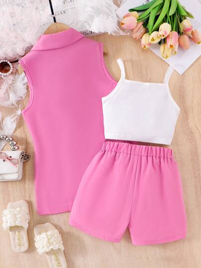 SHEIN Elladie kids مجموعة رسمية للفتيات الصغيرات: بدلة وردية، توب مزين باللؤلؤ، شورت - إطلالة أنيقة للعطلات والمناسبات الكاجوال