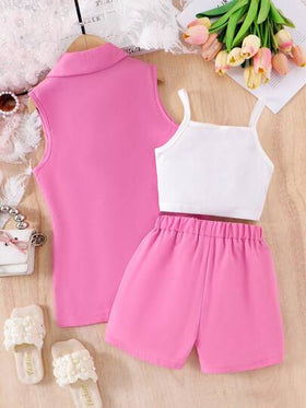 SHEIN Elladie kids مجموعة رسمية للفتيات الصغيرات: بدلة وردية، توب مزين باللؤلؤ، شورت - إطلالة أنيقة للعطلات والمناسبات الكاجوال
