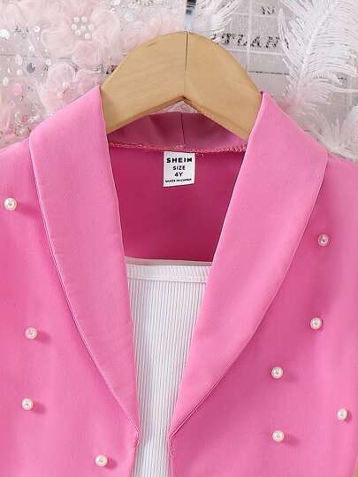 SHEIN Elladie kids مجموعة رسمية للفتيات الصغيرات: بدلة وردية، توب مزين باللؤلؤ، شورت - إطلالة أنيقة للعطلات والمناسبات الكاجوال