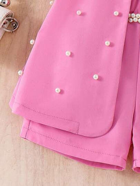 SHEIN Elladie kids مجموعة رسمية للفتيات الصغيرات: بدلة وردية، توب مزين باللؤلؤ، شورت - إطلالة أنيقة للعطلات والمناسبات الكاجوال