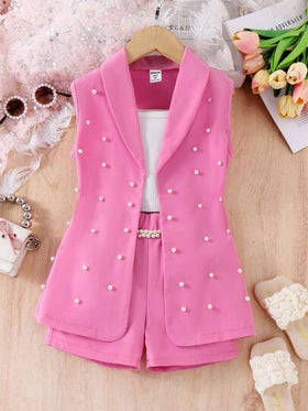 SHEIN Elladie kids مجموعة رسمية للفتيات الصغيرات: بدلة وردية، توب مزين باللؤلؤ، شورت - إطلالة أنيقة للعطلات والمناسبات الكاجوال