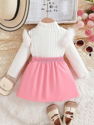 مجموعة لطفلة: تي شيرت بأكمام طويلة ذو ياقة عالية بسيط + تنورة مكسرة مزينة بفيونكة ، مناسبة للخروجات