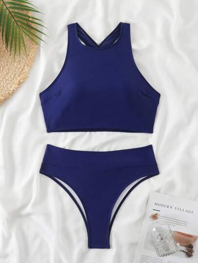 طقم تانكيني حريمي Swim SPRTY طقم بكيني بقطعتين لشاطئ المرأة بلون الأزرق الداكن ، ملابس سباحة كاجوال