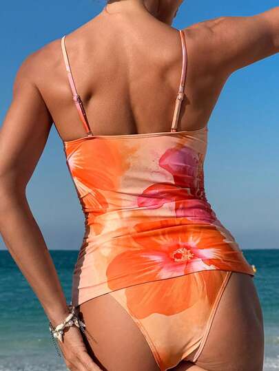 طقم تانكيني حريمي Swim Lushoire بدلة سباحة من قطعتين للنساء، برنيطة ذات طبعة زهرية أنيقة وجذابة، بدون أشرطة قابلة للإزالة، مبطنة ناعمة، مناسبة للارتداء في الشاطئ