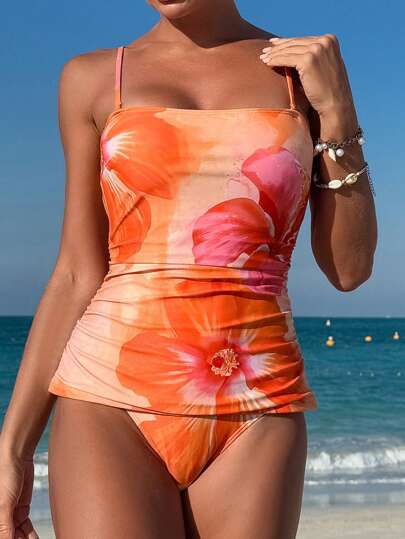 طقم تانكيني حريمي Swim Lushoire بدلة سباحة من قطعتين للنساء، برنيطة ذات طبعة زهرية أنيقة وجذابة، بدون أشرطة قابلة للإزالة، مبطنة ناعمة، مناسبة للارتداء في الشاطئ