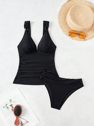 طقم تانكيني حريمي Swim Lushoire قطعتان من مجموعة تانكيني بحمالة سوداء قطعة واحدة وقطعة سفلية للسباحة، منتج كاجوال مناسب للعطلات والشواطئ الصيفية للنساء