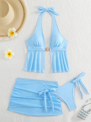 طقم تانكيني حريمي Swim SXY مجموعة تانكيني ذات لون سادة للعطلات والحفلات مع تنورة تغطية، بطراز راسب وطرف جانبي ربط، مناسبة للإجازة الصيفية