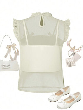 SHEIN Explorewe تي شيرت مصمم بخطوط شبكية طبقية أبيض للفتيات المراهقات للصيف